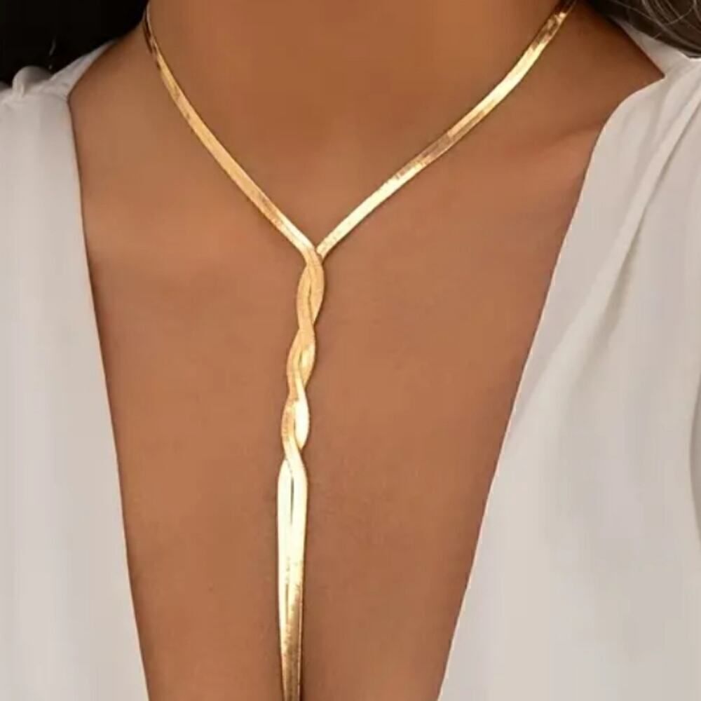 Silver, Gold or Multicolor Long Twisted Y-Shaped Chain Flat Snake Necklace - Picture 7 of 9